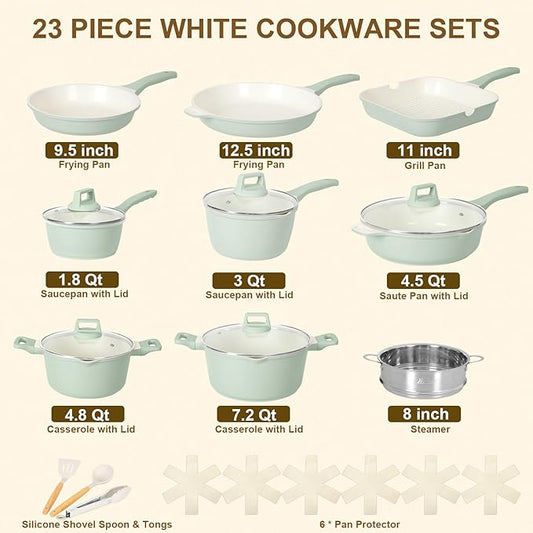 Romswi 23pcs Pots and Pans Set Non Stick, Kitchen Cookware Set with Casserole, Frying & Saucepans, Oven Safe & Stovetop Agnostic Non Toxic Cookware(Gas, Electric & Induction) - Green