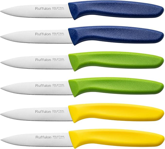 Paring Knife Fruit Knife Set (6 Pieces), Ultra Sharp Stainless Steel Vegetable and Fruit Knife with PP Plastic Ergonomic Handle for Cutting Fruits and Vegetables,Blue/Yellow/Green