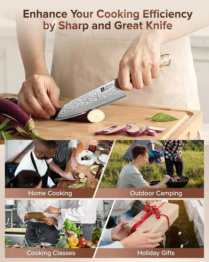XINZUO Kiritsuke Chef Knife 5.8",Sharp Forged Damascus Stainless Steel Sharp Small Kitchen Knife,For Home & Restaurant,Full Tang Figured Sycamore Wood And Mosaic Copper Rivet Handle