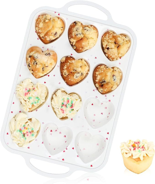 Vinino Silicone Heart Shaped Muffin Pan with Metal Reinforced Frame, 1 Pack Cupcake Pan, Silicone Heart Mold for Baking, Chocolate Bar and Egg Bites, Dishwasher Safe