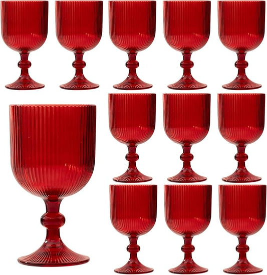 12 Pcs Red Vintage Wine Glasses, 11 Ounces Colored Glass Water Goblets, Unique Embossed Pattern High Clear Stemmed Glassware Wedding Party Bar Glass Drinking Cups Fancy Glasses Set Hand Wash Only