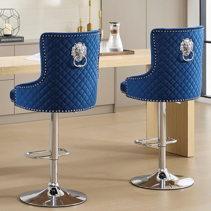 Velvet Adjustable Swivel Barstools Set of 2 with High Tufted Back, Modern Counter Height Stools with Chrome Base Footrest Pull Ring Rivet Trim for Kitchen, Dining Room, Pub (Dark Blue)