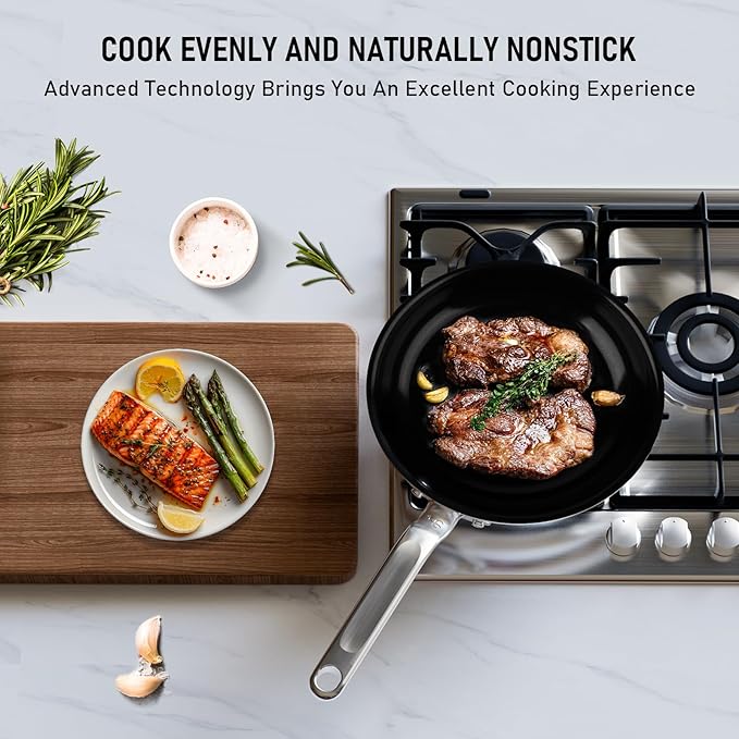 10 Inch Ceramic Non Stick Frying Pans - 5 Ply Stainless Clad Nonstick Skillet, Toxic, PTFE & PFOA FREE, Professional Cookware for Induction, All Stoves and Oven up to 650°F