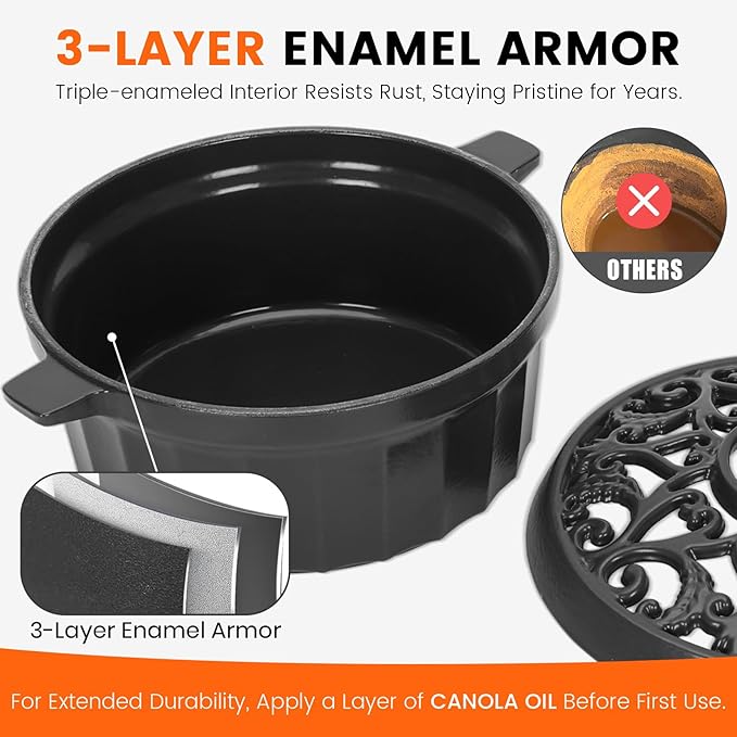 Wood Stove Steamer - Rust Resistant Cast Iron Humidifier Pot with Three-Layer Porcelain Coating for Woodstove, Indoor Fireplace Steamer for Dry Winter, Decorative, 2.7 Quart-Black