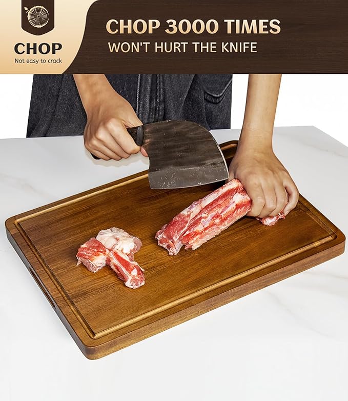 Large Acacia Wood Cutting Board for Kitchen, 17x12 Inch Reversible Wooden Chopping Board Charcuterie Board with Juice Grooves and Handle for Meat, Cheese, Vegetables, Fruits, Bread