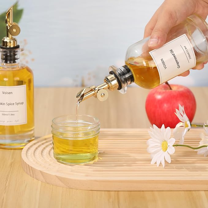 VOISEN Olive Oil Dispenser Bottle for Kitchen, Glass Oil Bottle Set of 6, Coffee Syrup Dispenser,Glass Oil Container with Metal Pourer,Funnel,56 Waterproof Labels