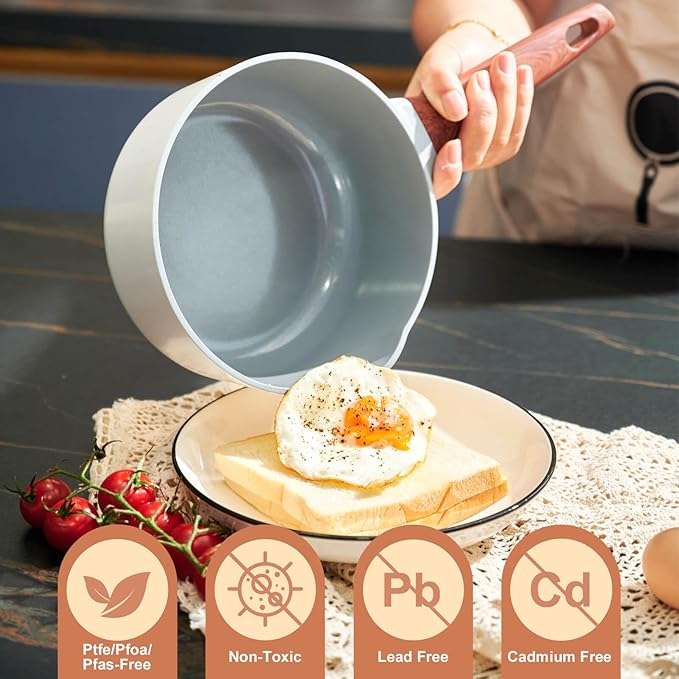 2 Quart Nonstick Sauce pan with Lid, Ceramic Sauce Pot for Cooking with Pour Spout, Small Cooking Pot with Handle for Stove, Induction, Gas, Non Toxic, PFOA Free (White, 1 PCS)