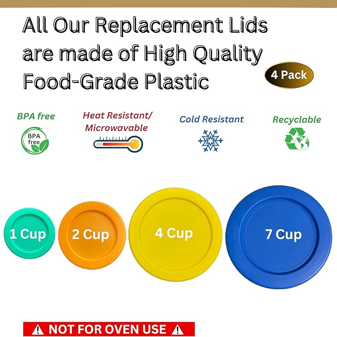 1, 2, 4 & 7 Cup Green, Orange, Yellow, Blue Replacement Lids/Covers for Pyrex, Anchor Hocking & KlareWare Storage Bowls *Lids Only Glass Container Not Included* (4 Pack *One of Each Size*)