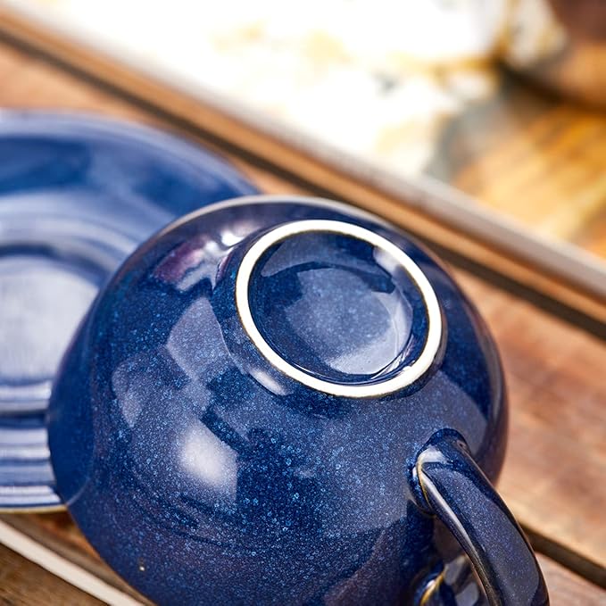 Vintage Design 12 oz Ceramic Latte Art Cappuccino Barista Cup with Saucer (Dark Blue)