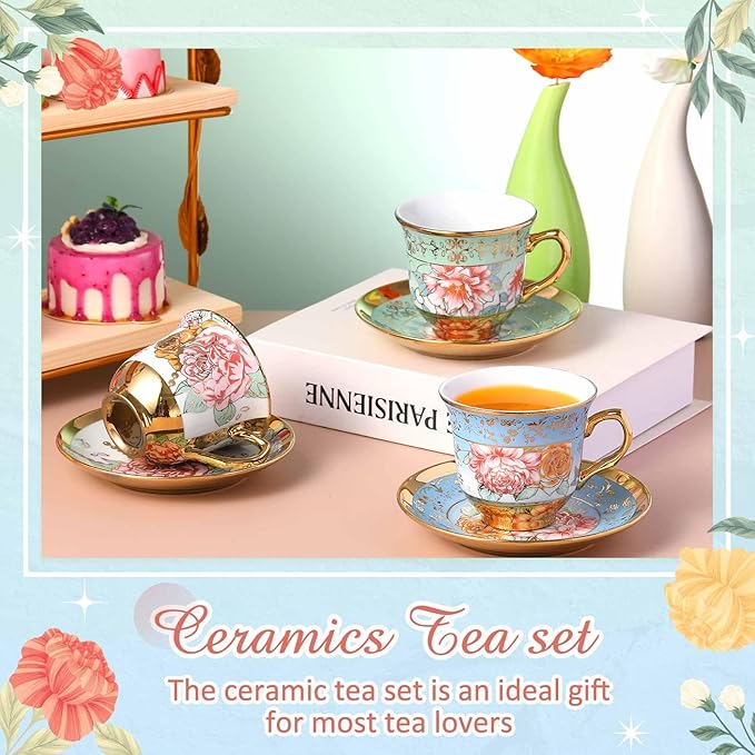 Set of 12 Tea Cups and Saucers Tea Party Decorations Floral Porcelain 5.4 oz British Gift for Women Birthday Party, Church, and Mother's Day (Classic Style,5.4 oz)
