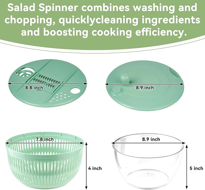 YUANYE Salad Spinner Large, 3 IN 1 Vegetable and Fruit Washing Bowl with Strainer, Lettuce Spinner with 5 Blades Slicer, Egg Yolk Strainer, Salad Bowl for Efficient Salad Preparation, 5.3 Qt