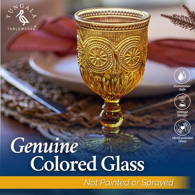 Yungala Amber Wine Glasses, set of 6 Glass Goblets made with Amber Glass (not coated or sprayed). Genuine Handcrafted Colored Glassware for your Fall Tablescape.