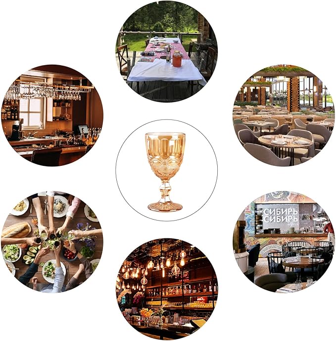 24 Pcs Vintage Wine Glasses, 10 Ounces Colored Glass Water Goblets, Unique Embossed Pattern High Clear Stemmed Glassware Wedding Party Bar Glass Drinking Cups, Floral Amber Glasses Set of 24