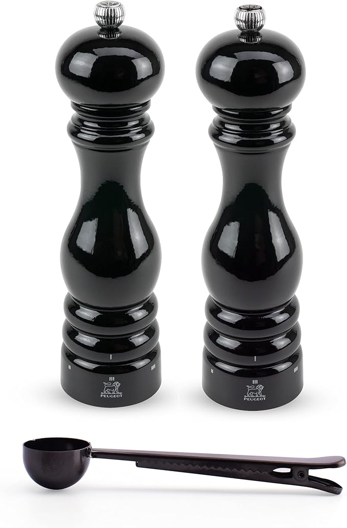 Peugeot Paris u'Select 6 Setting Manual Salt & Pepper Mill Set With Black Stainless Steel Spice Scoop Made In France (Black Lacquered, 9- Inch)