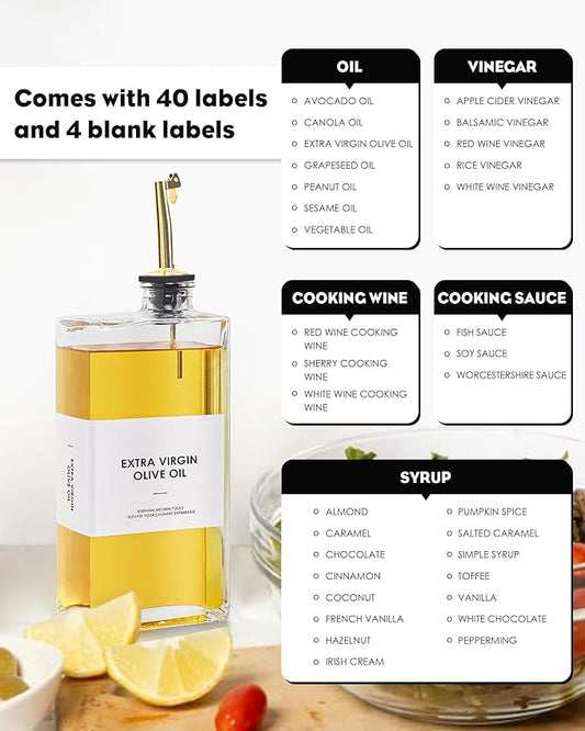 Olive Oil Dispenser For Kitchen, Glass Oil Bottle 17 Oz, Oil And Vinegar Dispenser Set with Pour Spout, 44 Labels, Soy Sauce Dispenser, Coffee Syrup Dispenser, 2 pcs, Gold