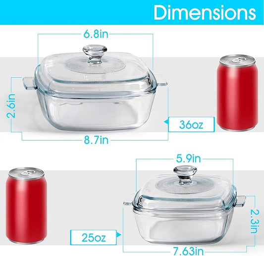 NUTRIUPS Mini Glass Casserole Dish with Lid Oven Safe Square Casserole Dish Set 2 Pack (5.9in+6.8in) Microwave Bowl With Glass Lid (0.8L+1.2L)