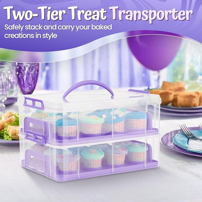 Flexzion Cupcake Carrier, Cupcake Holder for 24 Cupcakes, Portable and Reusable Rectangular Cake Carrier with Lid and Handle, 2 Tier Stackable Layer Insert (Purple)