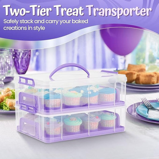 Flexzion Cupcake Carrier, Cupcake Holder for 24 Cupcakes, Portable and Reusable Rectangular Cake Carrier with Lid and Handle, 2 Tier Stackable Layer Insert (Purple)