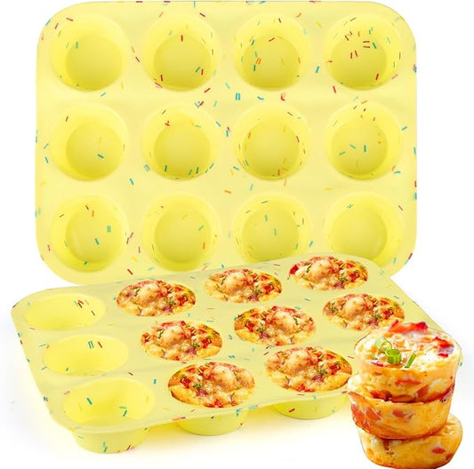 12 Cup Silicone Egg Bite Molds, 2PCS Nonstick Cupcake Pan Molds for Making Tarts, Mini Cheesecakes & Meatloaf