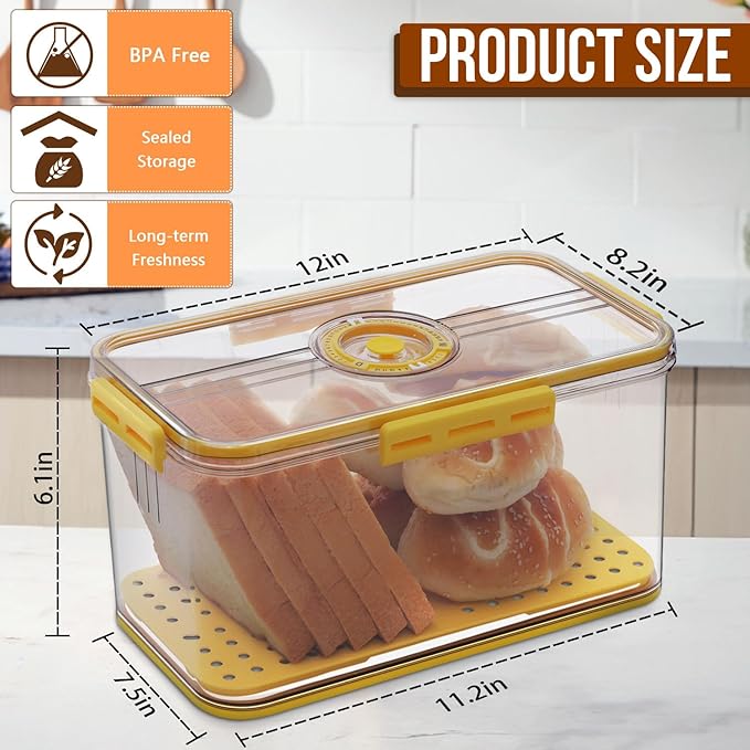 Bread Box Bread Boxes for Kitchen Counter Airtight, Time Recording Bread Storage Container with Lid, Bread Keeper for Homemade Bread, Toast, Bagel, Donut and Cookies, LARGE Yellow