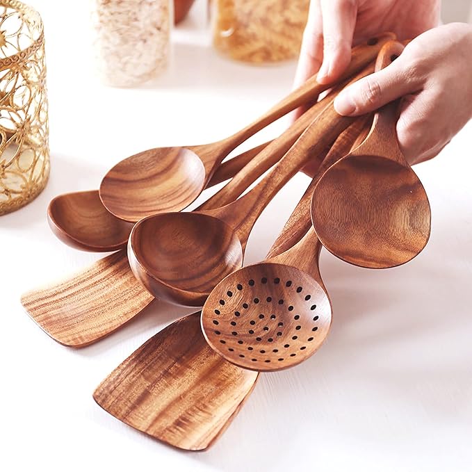 FJNATINH Wooden Spoons for Cooking, 8 Pcs Nonstick Wooden Cooking Utensils Set,Nonstick Natural and Healthy Kitchen Utensil(8 Pcs)