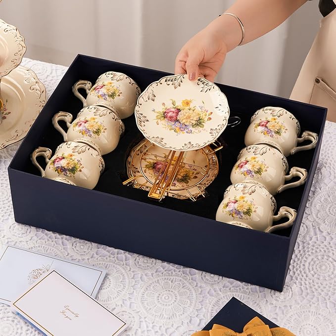 YOLIFE Tea Cups and Saucers Set of 6, Ivory Porcelain Tea Cups Set with Stand, Floral with Gold Leaves Trim Design, Gift for Women (Includes Gift Box, Tote Bag, Greeting Card)