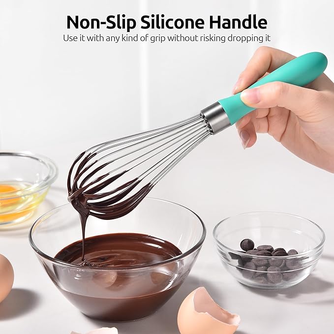 U-Taste 9" Small Egg Whisk: 18/10 Stainless Steel Kitchen Cooking Wire Balloon Wisk, Heavy Duty Metal Beater Stirrer, Manual Baking Tool with 6 Flex Wires for Hand Mixing, Blending Sauce (Aqua Sky)