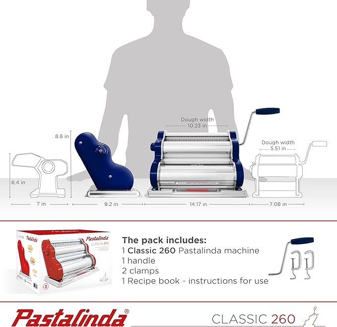 PASTALINDA Classic 260 Pasta Maker Machine, 26 cm Wide Rollers, 9 Thickness Positions, 2 Cutting Positions, Stainless Steel. Includes Reinforced Hand Crank And Two Clamps (Navy blue)