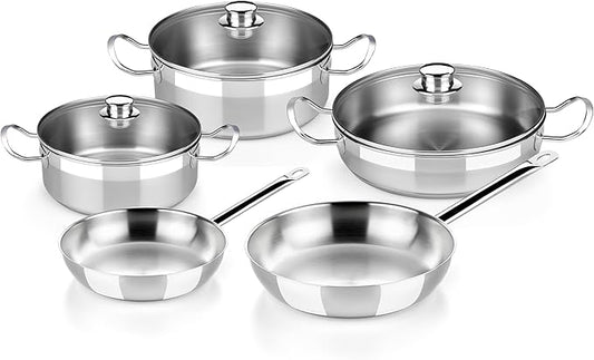 BRA COOKWARE Profesional 8 Piece Cookware Set | Stainless Steel Professional Kitchenware Set | 2 Pots, 1 Sauté Pan, 2 Frying Pans, 3 Lids | All Heat Sources Compatible | PFOA Free