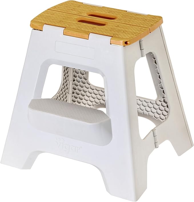 Vigar Compact Step Stool Foldable, 16-inch Two-Step Stools for Adults up to 330 Pound, Lightweight Stool, Non-Slip Folding Step Stool, Grey, Bamboo Print on Top