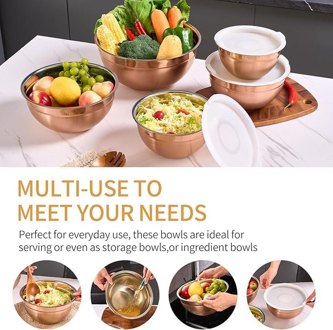 Rose Gold Mixing Bowls with Airtight Lids, Stainless Steel Nesting Mixing Bowls Set of 5, Ideal for Baking, Prepping and Serving Food, Size 5.5, 3.6, 2.7, 2.1, 1.5, QT, Stackable Design