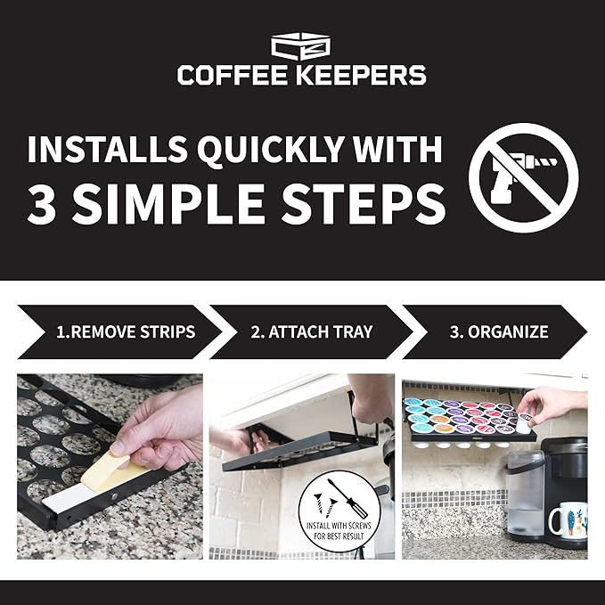 Under Cabinet K Cup Holder 24 Pods – Space-Saving Coffee Pod Holder – Keurig Pod Organizer for Small Spaces – Kcup Holder with Screws & Adhesive for Easy Installation STEEL - 13in x 10in - BLACK