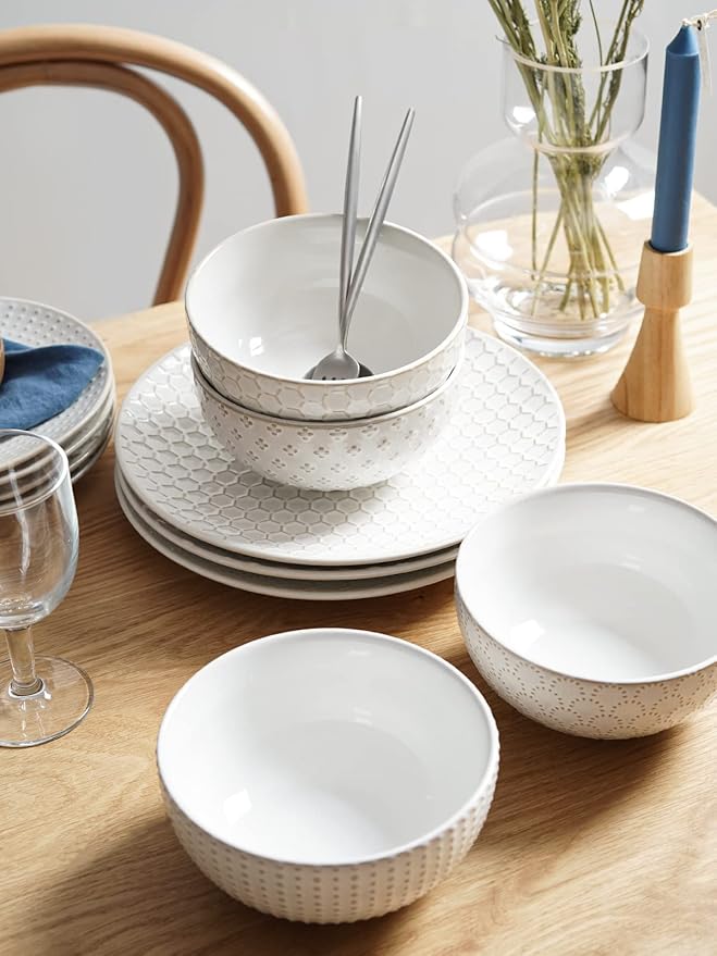LE TAUCI Dinnerware Sets 12 PCS, Ceramic Plates and Bowls Set, Suit For Housewarming (10" Dinner Plate + 8" Salad Dish + 26 oz Cereal Bowl) x 4, Oven safe - Arctic White