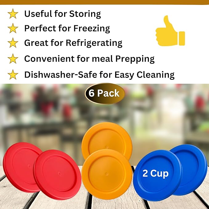 2 Cup/470 mL Orange, Red, Blue Replacement Lids/Covers for Pyrex 7200-PC, 2 Cup/16oz Anchor Hocking & Klare Ware Storage Bowls *Lids Only* - *Glass Container Not Included* (6 Pack, Orange, Red, Blue)
