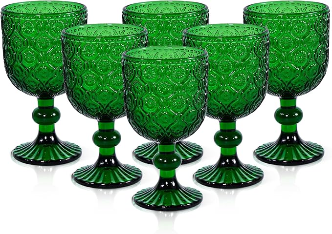 Vintage Wine Glasses Set of 6, 12 OZ Christmas Green Glass Water Goblets, Embossed Floral Decorative Crystal Glass Cups Set, Dishwasher Safe, for Wedding, Party, Red Wine Glass, Bars, Restaurants