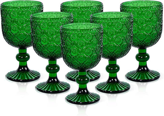 Vintage Wine Glasses Set of 6, 12 OZ Christmas Green Glass Water Goblets, Embossed Floral Decorative Crystal Glass Cups Set, Dishwasher Safe, for Wedding, Party, Red Wine Glass, Bars, Restaurants