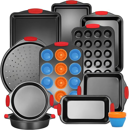 Baking Pans Set with Silicone Handles, 34 PCS Nonstick Bakeware Sets, Oven Pan Set Includes Baking Tray, Cookie Sheet, Cake Pans, Loaf Pan, Muffin Pan, Pizza Pan