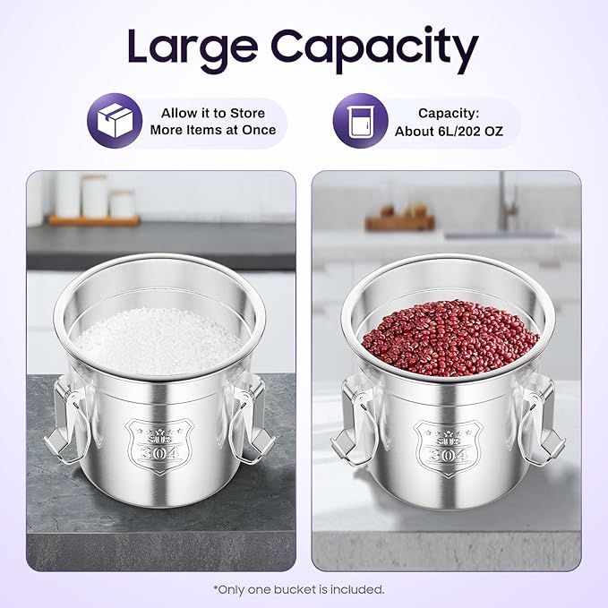 304 Stainless Steel Storage Containers with Lid, 6L/1.58gal Airtight Canister with Locking Clamps Multi-Purpose Kitchen Storager Bucket Food Jar, for Rice Cereal Flour Coffee Beans Milk (6L)