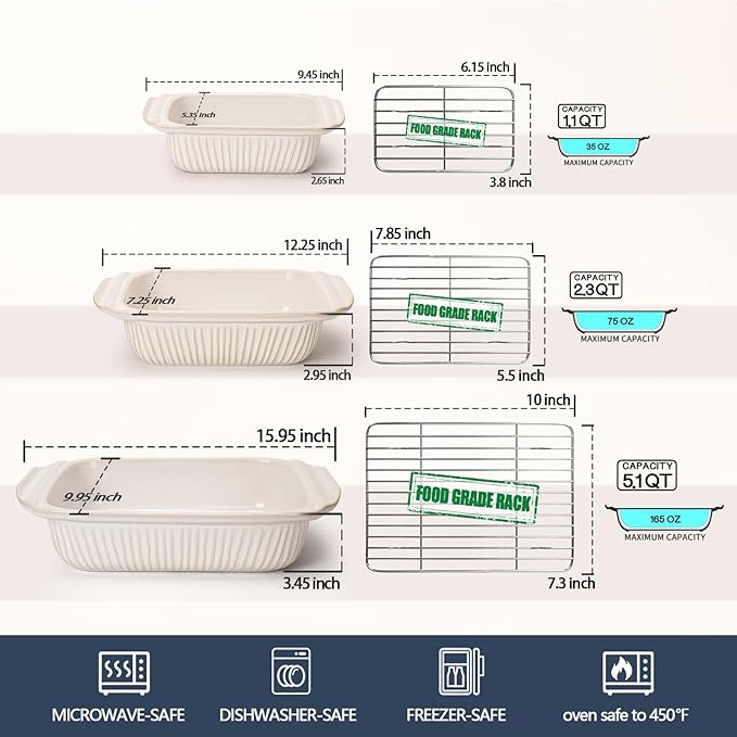 Artena Casserole Dishes For Oven, Ceramic Baking Dish, Large Lasagna Pan With Handles, Baking Pan Casserole Dish, Rectangular Bakeware Deep, White, Set Of 3 (5.1Qt/2.3Qt/1.1Qt) (Baking Dish With Rack)