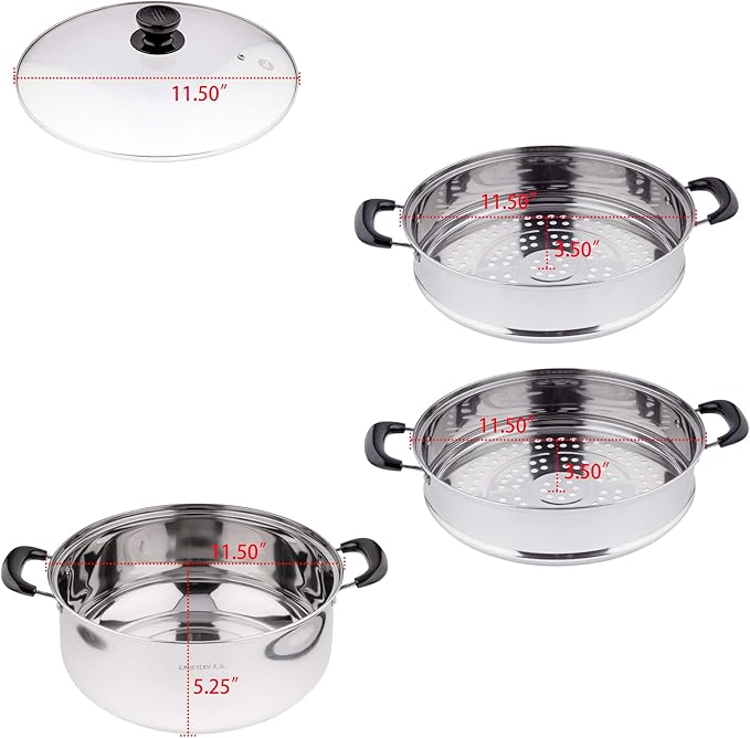 3 Tier Stainless Steel Steamer Pot For Cooking With Stackable Pan Insert, Food/Vegetable Steamer Cooker, Cookware Pot/Saucepan with Glass Lid, Multilayer By Lake Tian (28cm/11in)