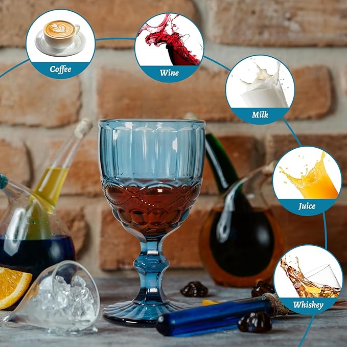 Vintage Wine Glasses Set of 6, 12 OZ Colored Glass Water Goblets, Embossed Floral Decorative Crystal Glass Cups Set, Dishwasher Safe, for Wedding, Party, Red Wine Glass, Bars, Restaurants