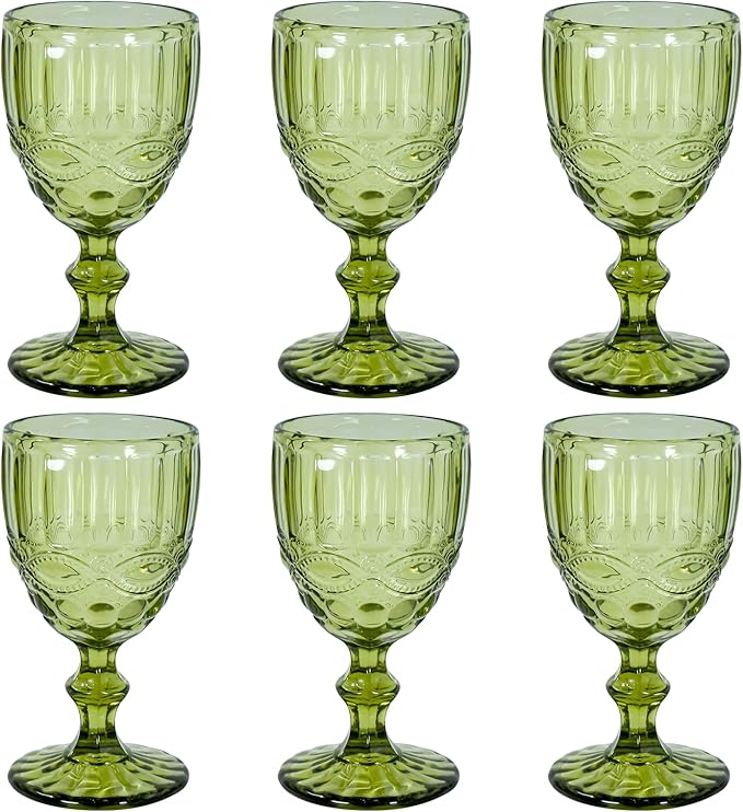 Vintage Wine Glasses Set of 6, 12 OZ Colored Glass Water Goblets, Embossed Floral Decorative Crystal Glass Cups Set, Dishwasher Safe, for Wedding, Party, Red Wine Glass, Bars, Restaurants