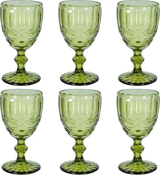 Vintage Wine Glasses Set of 6, 12 OZ Colored Glass Water Goblets, Embossed Floral Decorative Crystal Glass Cups Set, Dishwasher Safe, for Wedding, Party, Red Wine Glass, Bars, Restaurants