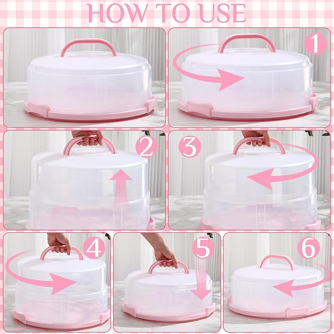 12 Inch Large Cake Carrier with Lid and Handle for 12" Round 7" High Cake Adjustable Plastic Pies Carrier Portable Cupcakes Transport Container for Cookies Pizza and More(Pink)