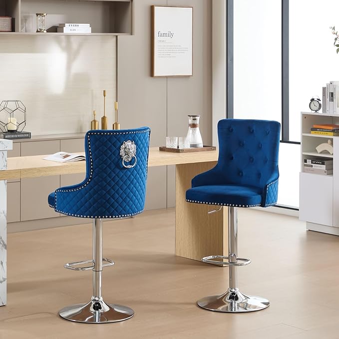 Velvet Adjustable Swivel Barstools Set of 2 with High Tufted Back, Modern Counter Height Stools with Chrome Base Footrest Pull Ring Rivet Trim for Kitchen, Dining Room, Pub (Dark Blue)