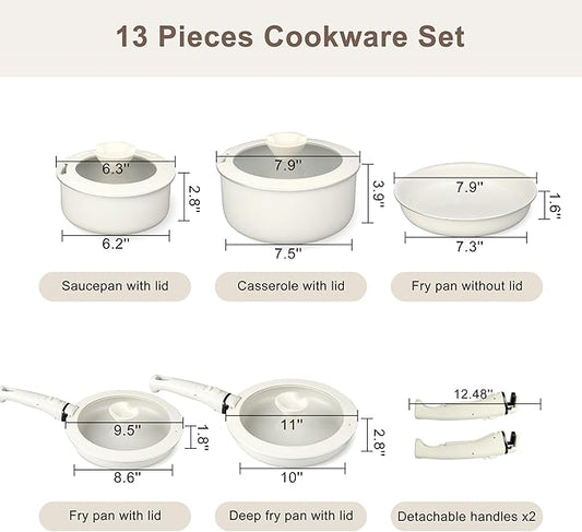 FAB&DELUXE Nonstick Cookware Set,13 Pcs Nonstick Pots and Pans with Lids, Aluminum Induction Cooking Set with Detachable Handle, Oven Safe, Non Toxic Healthy Kitchen Cookware Sets, PFAS and PFOA Free