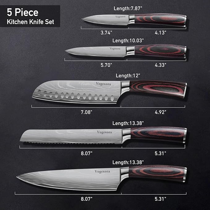 5 Pcs Chefs Kitchen Sharp Knife Set - Japanese Professional Cooking Cutting Knives for Meat Vegetable Bread and Paring, High Carbon Stainless Steel Santoku