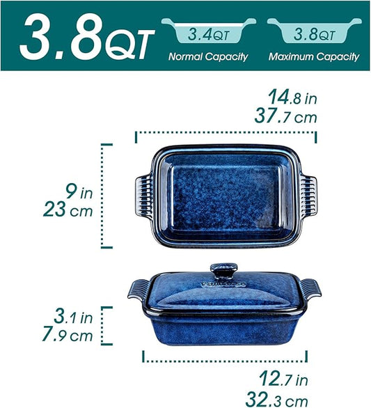 vancasso Starry 3.8 Quart Casserole Baking Dish, large lasagna pan with lid, 9x13 inch Stoneware casserole with lid, Microwave, Dishwasher Safe, Blue