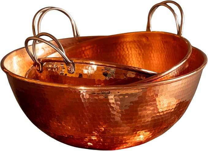 Sertodo Copper Handled Mixing Bowls | 3 Piece Set (8", 10", 12" diameters) | 100% Pure Copper, Heavy Gauge, Hand Hammered | Whip Eggs Whites to Perfection | NOT for Salads