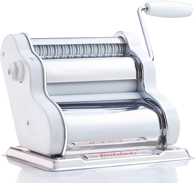 PASTALINDAClassic 200 Pasta Maker Machine, 20 cm Wide Rollers, 9 Thickness Positions, 2 Cutting Positions, Stainless Steel. Includes Reinforced Hand Crank And Two Clamps (White)